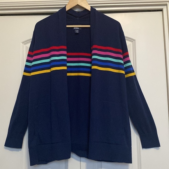 Lands End Rainbow Stripe Open Cardigan Sweater Womens L Navy Cotton Nautical - Picture 1 of 11